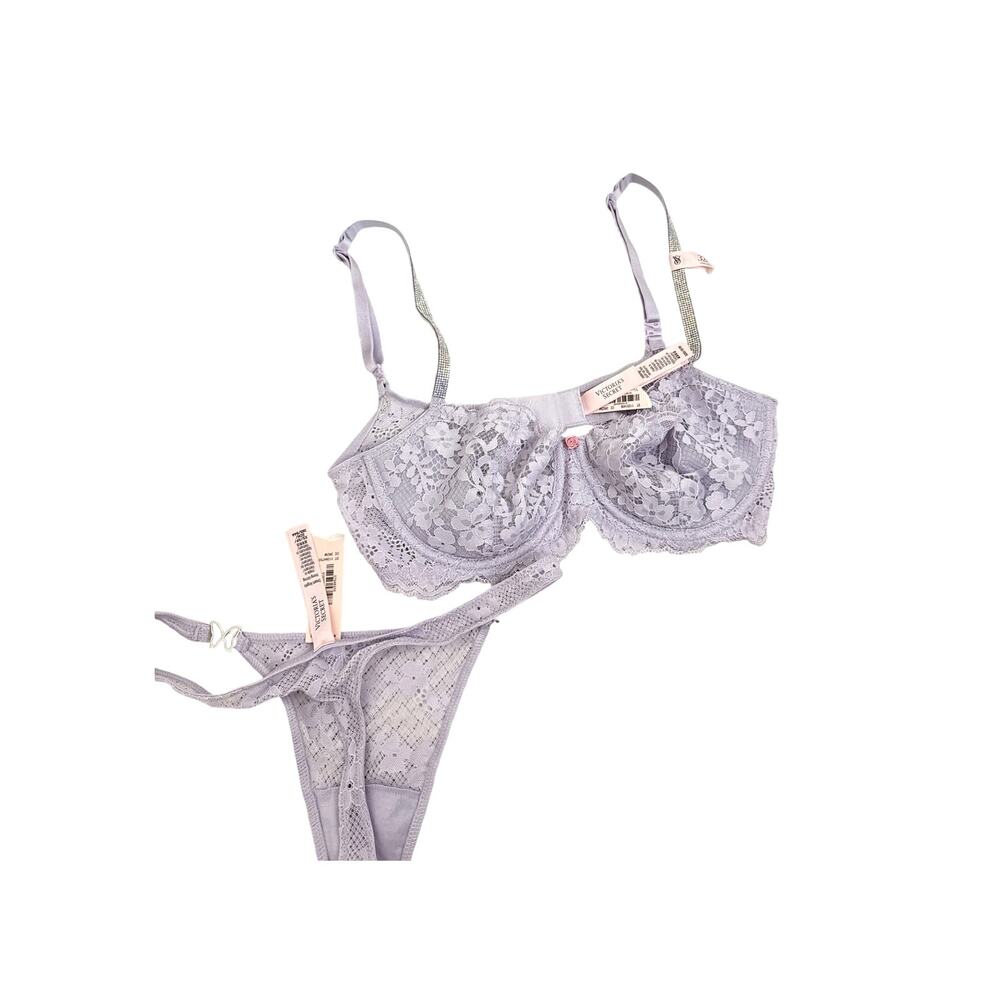 NWT Victoria's Secret Lingerie Purple Lace Diamond Detail Bra 32D Thong Panty XS